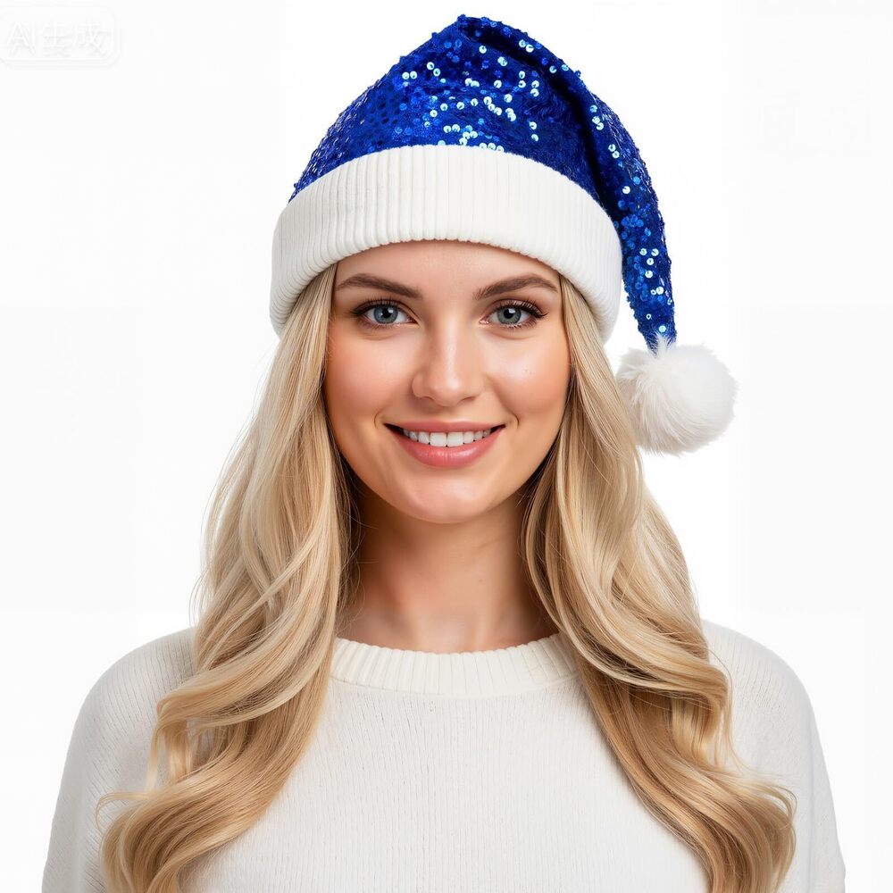 5418 Royal Blue Sequin Santa Hat Knitted Beanie Christmas Hat Shiny Santa
